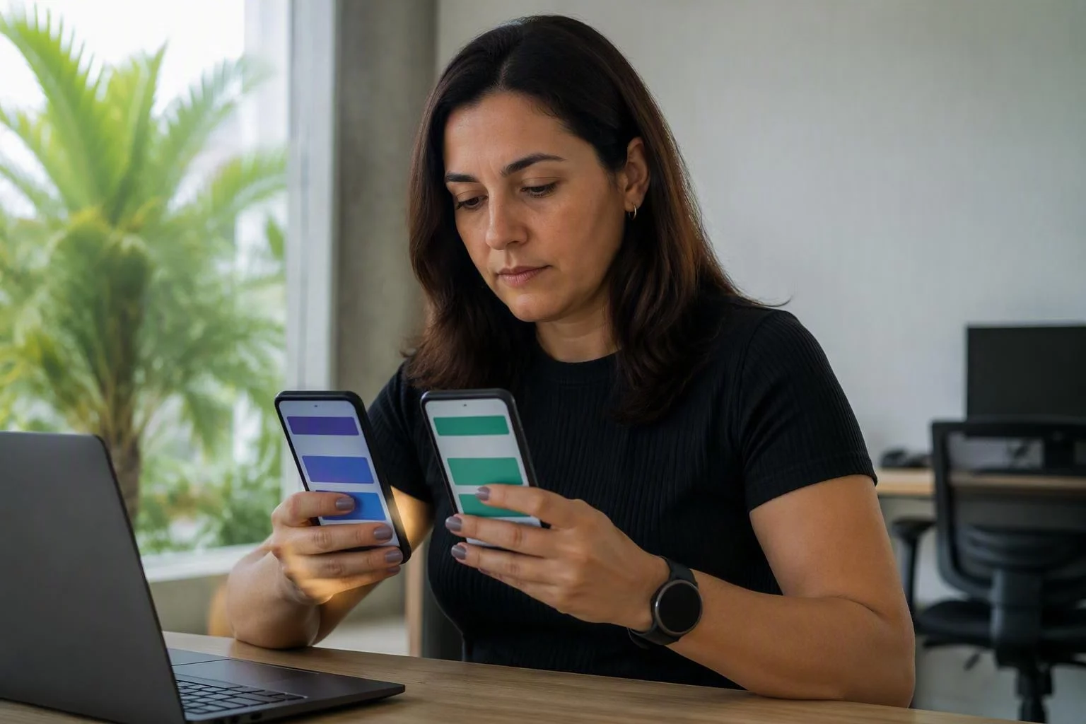 Programadora conferindo a tela de pagamento em dois aparelhos