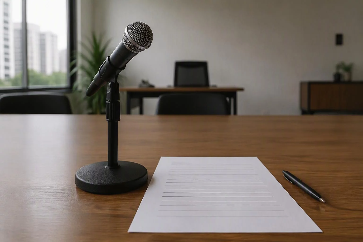 Microfone de mesa diante da lista de perguntas da entrevista
