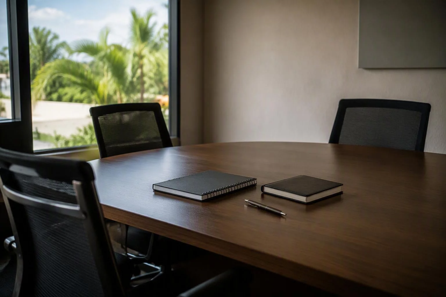 Cadeiras vazias em volta da mesa de revisão do projeto