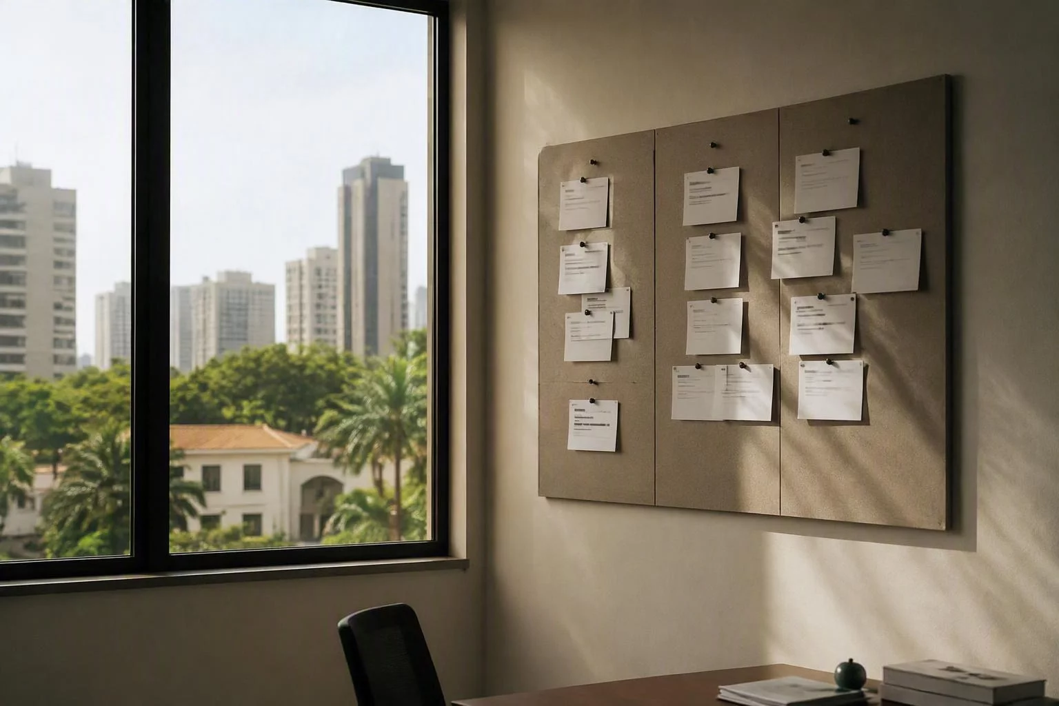 Janela do escritório com o quadro de versões ao lado