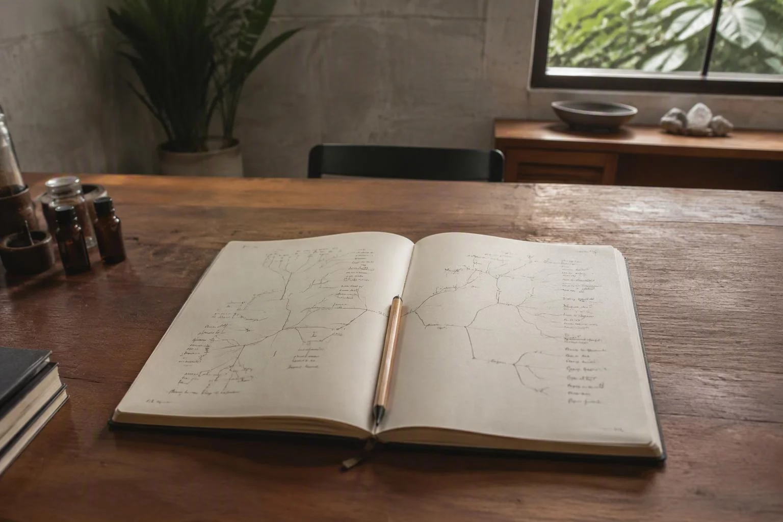 Caderno aberto com o desenho da árvore de categorias